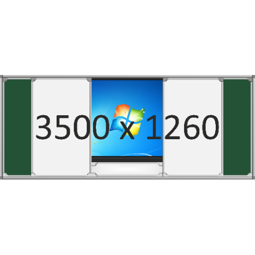 Доска раздвижная рельсовая (маркер в центре+мел по бокам), 3500х1260 мм. с нишей для интерактивной панели 1820х1070х160 мм.